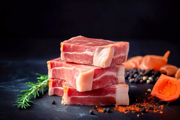 Slices of raw pork loin with herbs and spices on black background Generative AI