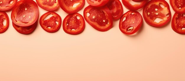 Slices of red pepper isolated pastel background copy space