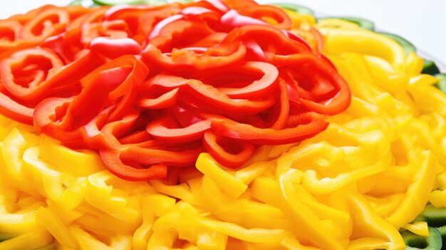 Slices of red and yellow bell pepper on a wooden plate closeup view sliced pepper background