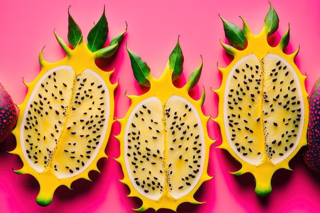 Slices of ripe pitahaya or dragonfruit on a yellow background a top view