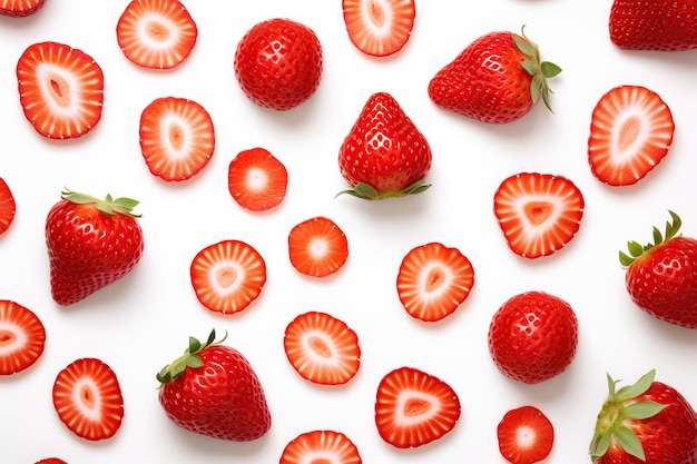 Slices of ripe strawberries on white background