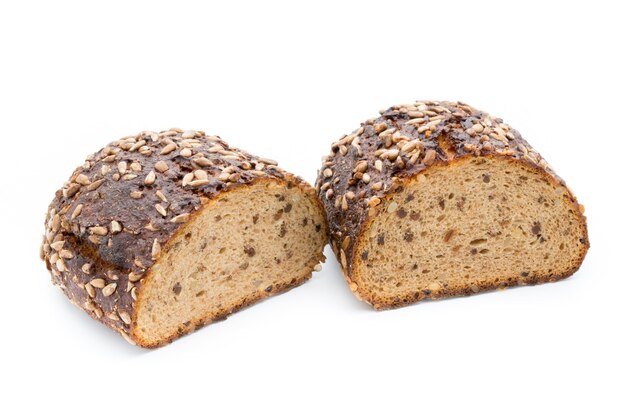 Slices of rye bread isolated on white background.