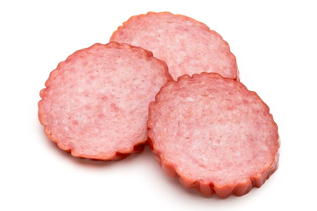 Slices of salami. Isolated on a white surface. sausage cut