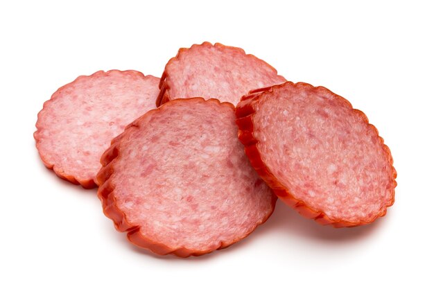 Slices of salami. Isolated on a white surface. sausage cut