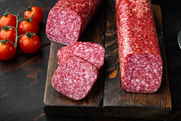 Slices of salami with vegetables set, on old dark wooden table