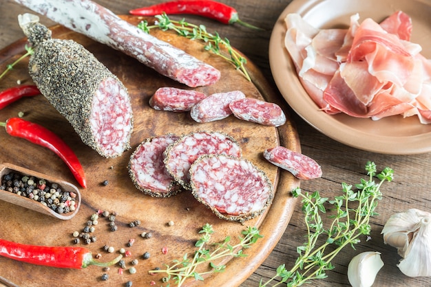 Slices of saucisson, jamon and salami on the wooden board