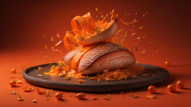 Slices of smoked salmon on a black plate and orange background generative ai