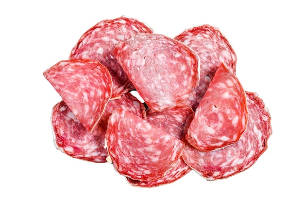 Photo slices of spanish salami salchichon isolated on white background top view