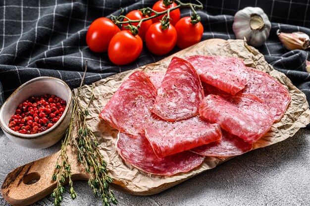 Slices of spanish salami salchichon