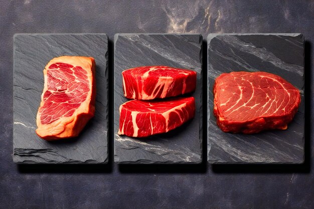 Photo slices of steak on a slate board