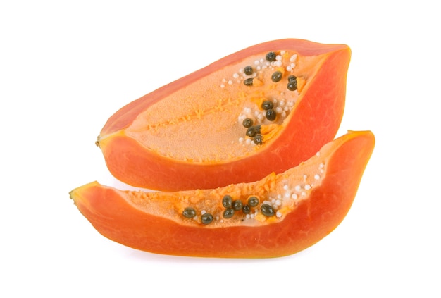 Slices of sweet papaya on white background