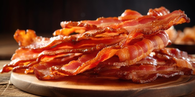 Slices of tasty fried bacon on wooden table closeup