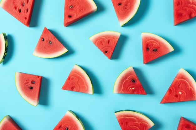 Slices of watermelon Watermelon pattern Red watermelon on blue background generative ai