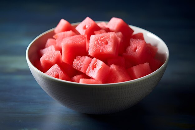 Photo slices of watermelon in a white bowl on a blue wooden background ai generated