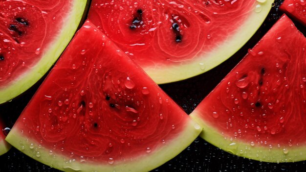 Photo slices of watermelon with water drops on a black background