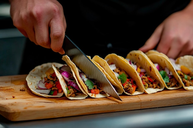 Slicing delicious tacos on a wooden board at a vibrant kitchen