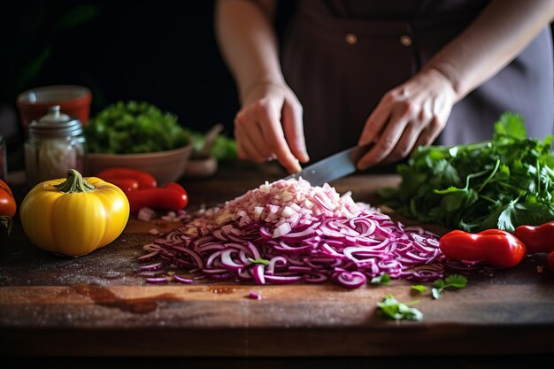 Slicing and Dicing A Young Woman's Skillful Hands Mastering Italian Pasta with Vegetables and Mince