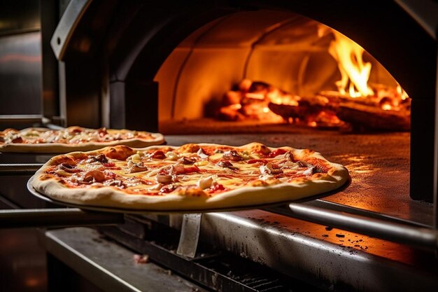 Foto tagliare la pizza appena cotta in un forno commerciale