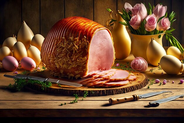 Photo slicing juicy delicious easter ham on wooden table