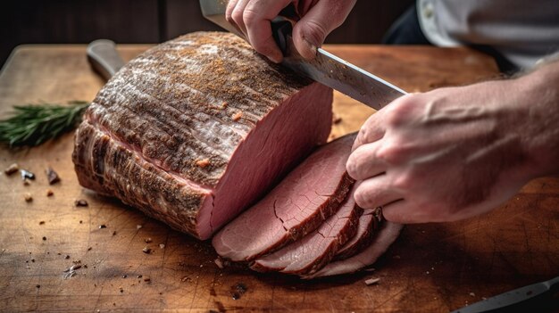 Photo slicing a portion of roast beef brisket