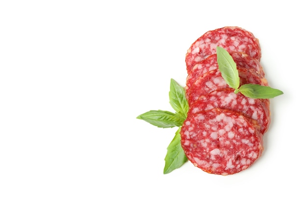 Slicing sausage salami isolated on white background