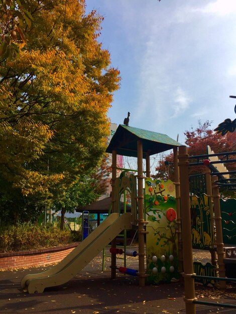 Foto scivola tra gli alberi contro il cielo nel parco giochi