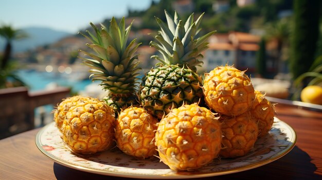 Photo slides pineapples on a plate with a nice view