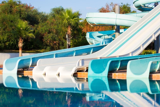 Slides and swimming pool in aquapark