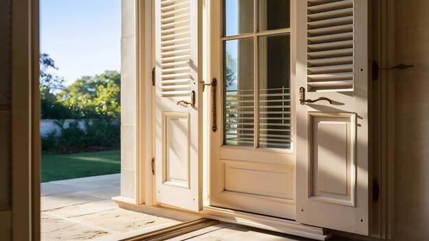 Sliding exterior door with two white shutters