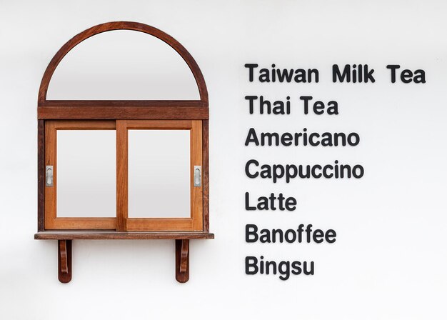 Sliding window for buy drinks to take home with menu list on wall