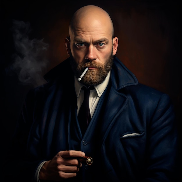 A Slightly Muscular Successful Bald bearded man with blue