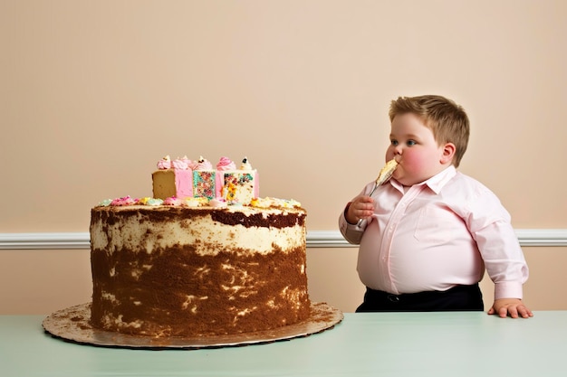 A slightly obese boy next to a huge chocolate cake Ai generated