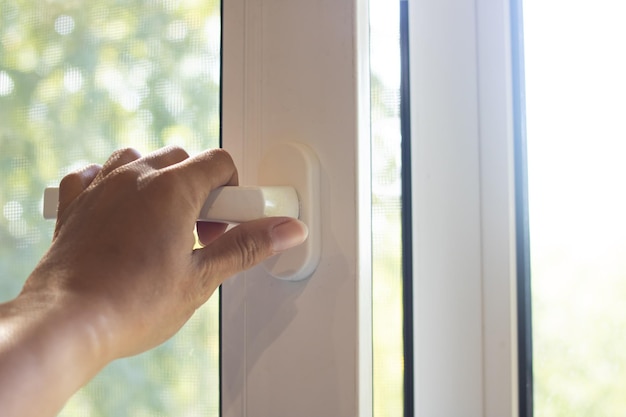 Slightly open window on background of wood and sunlight