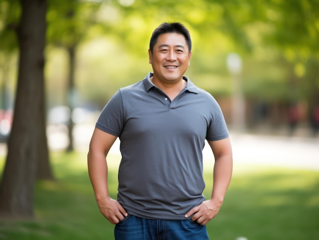 Slightly Overweight Asian Man in a Relaxed Park Setting Finding Comfort in the Outdoors