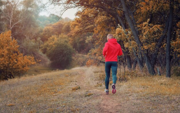 A slim athletic jogger in a black leggins and red jacket  runs in colorful yellow autumnal forest hill.