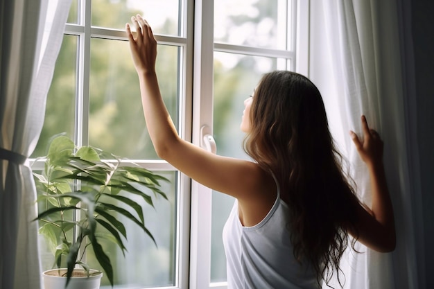 Slim and beautiful pretty young woman opening window in room