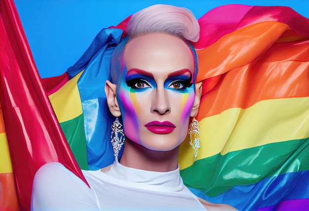 Slim extraordinary drag queen with makeup holding LGBT pride flag against blue background and looking at camera Generate Ai Generate Ai