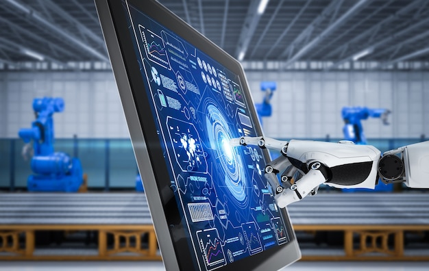 Slim fabrieksconcept met robot die met computer in fabriek werkt
