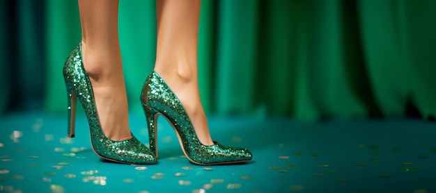 写真 緑色の輝くハイヒールを履いたスリムな女性の足がコンフェッティのバナーフォーマットに立っています