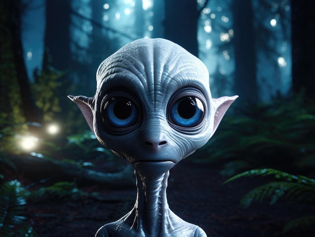 A slim grey alien with big eyes looks directly into the camera standing in a dark forest