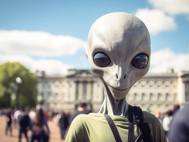 A slim grey alien with black eyes smiles while taking a selfie in front of buckingham palace