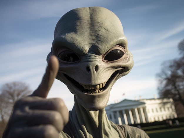 A slim grey alien with black eyes smiles while taking a selfie in front of the white house