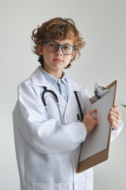 Slim kind in bril en medisch uniform wijst naar leeg papier op het klembord terwijl hij naar de camera kijkt op een witte achtergrond