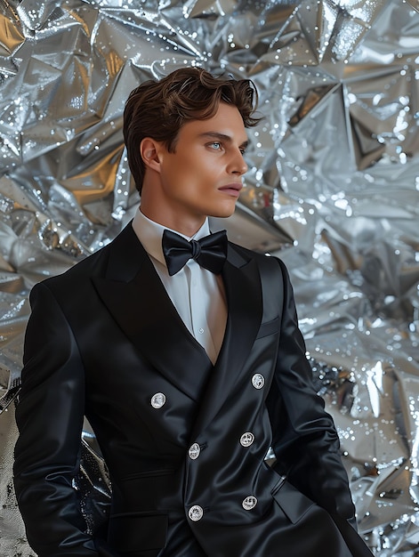Фото Слабая мужская модель с роскошным шелковым костюмом и галстуком с мягкой высокой модой в бутик-стиле