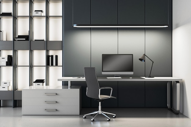 Slim thuiskantoor met moderne meubels en donkergrijze achtergrond Interieurontwerpconcept 3D-rendering
