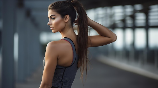 Slim woman athlete adjusting her ponytail while standing in outdoors studio