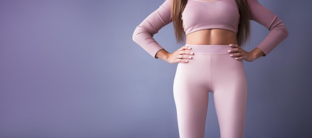 A slim woman in leggings emphasizes her dedication to care dieting and maintaining her body shape with a focus on weight loss and overall health