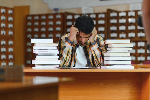 Slimme Arabische of Indiase mannelijke student of freelancer in stijlvolle vrijetijdskleding in de bibliotheek