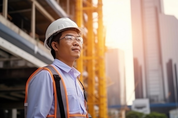 slimme Aziatische ingenieur manager met veiligheid uniform controleren site bouw met staal