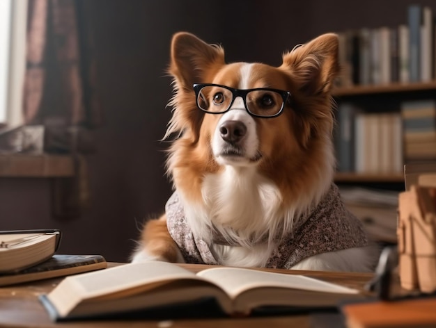 Slimme Corgi-hond met bril leest een generatieve Ai van een boekboekliefhebberdag